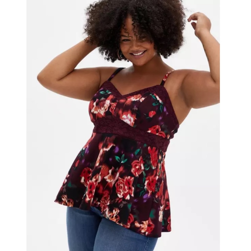 NWT Torrid Scuba Peplum Cami - burgundy floral top